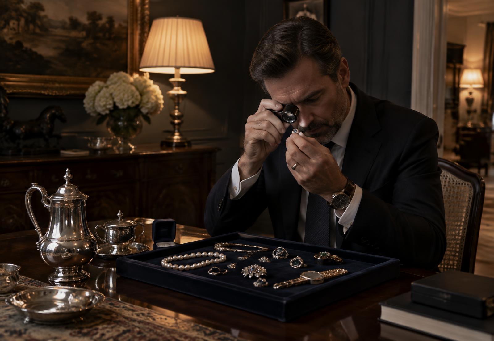 A professional buyer examining estate jewelry with a loupe at a private home dining table