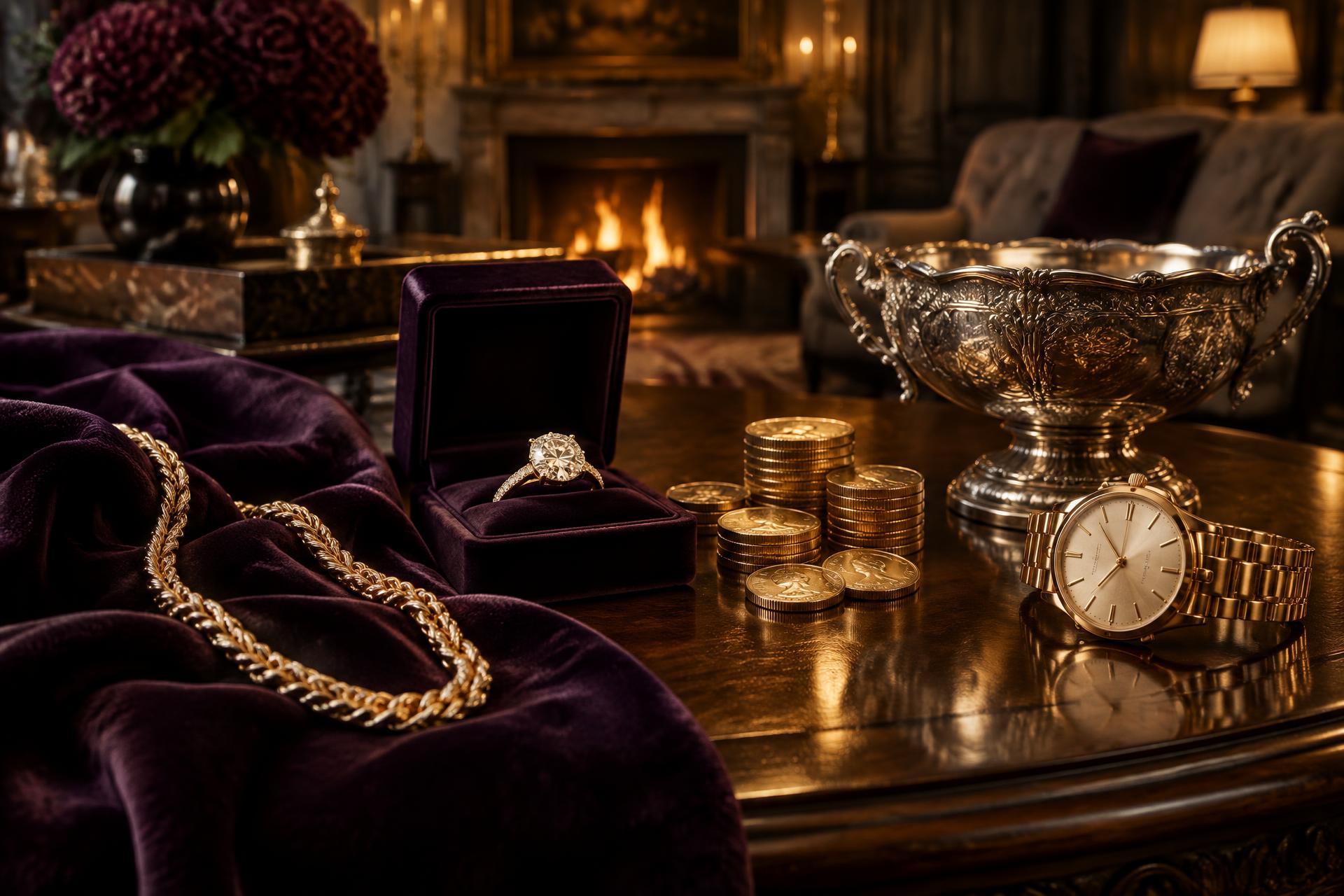 Gold jewelry, a diamond ring, gold coins, a wristwatch and sterling silver arranged on a table in an elegant private home